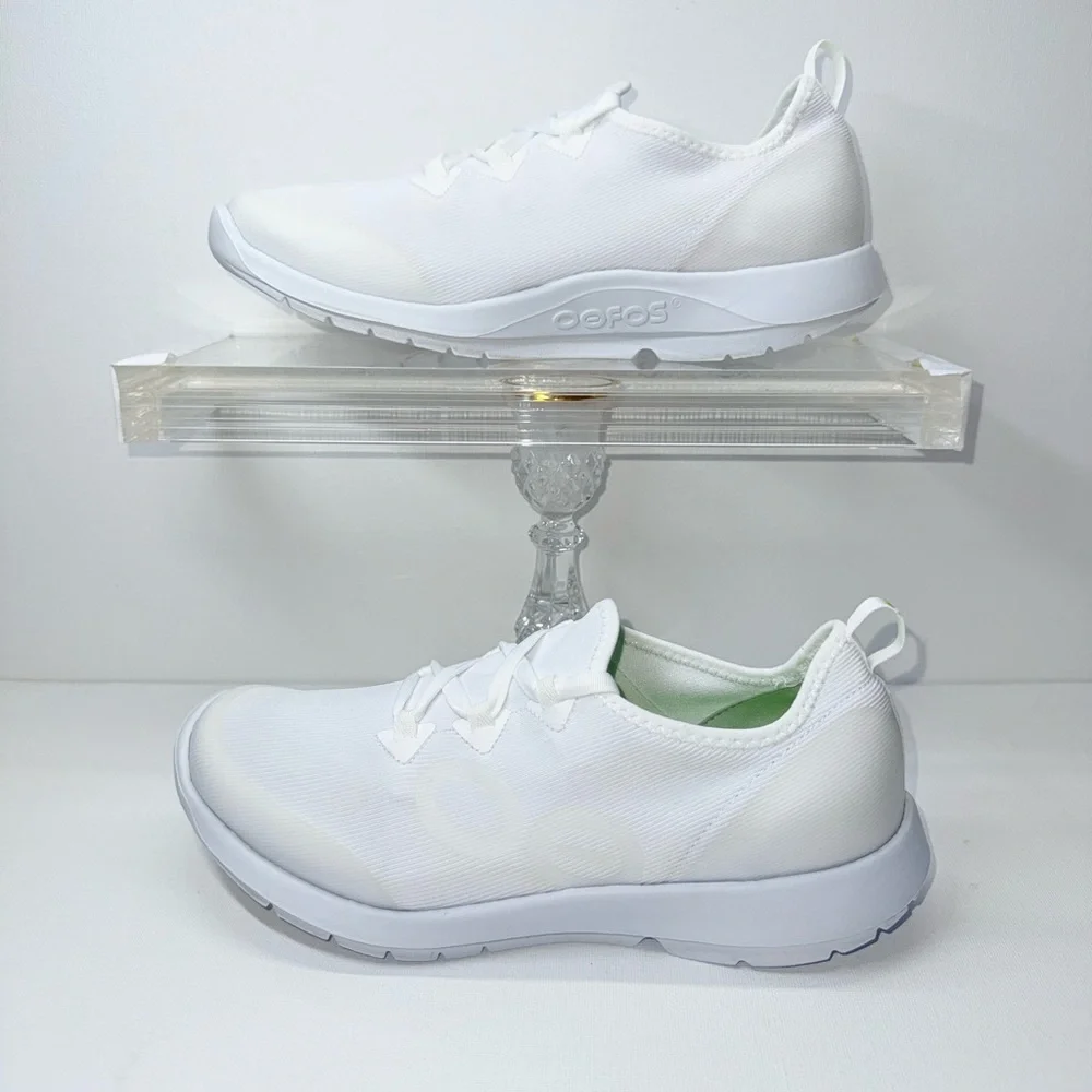 OOFOS Women’s White Athletic Slip-On Sneakers with Light Green Accents - Picture 2 of 8